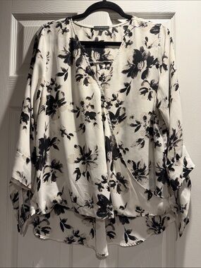 West Kei Black & White Floral Wrap Blouse